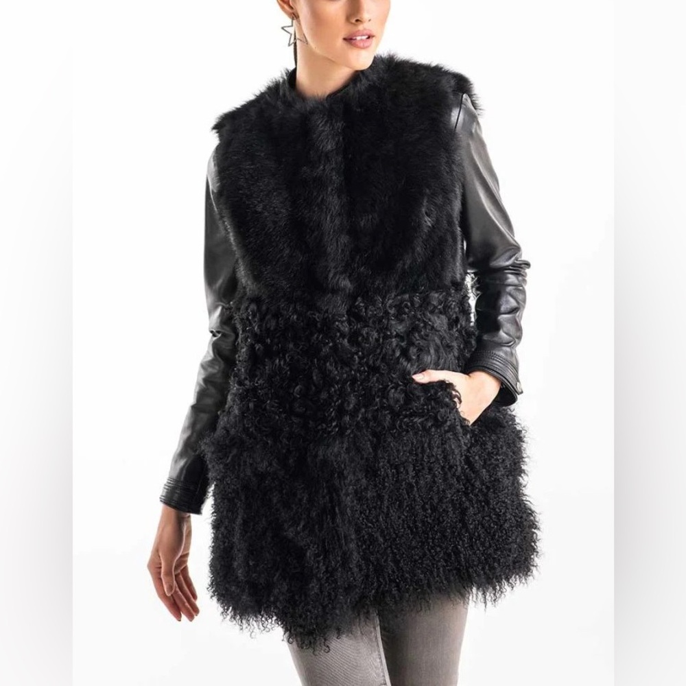 Maje Genuine Mongolian Lamb Fur and Leather Coat in black size 38